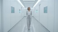 Middle-aged woman with blonde hair wearing professional business attire walking confidently down a modern, minimalist corridor with white walls and contemporary lighting.