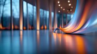 Abstract curved shape with vibrant orange and blue gradient colors reflecting on glossy surface against blurred background with bokeh lights, creating modern art composition.