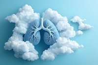 Human lungs surrounded by white fluffy clouds on blue background, bronchial tree anatomy illustration showing respiratory system structure and airways.