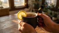 Close-up of hands holding steaming black mug with hot tea, lemon slice garnish, cozy home interior background. Perfect for beverage, wellness, lifestyle content.