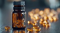 Amber colored soft gel capsules scattered on wooden surface near dark glass bottle with blurred bokeh lights background creating medical atmosphere.