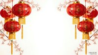 Red Chinese lanterns with golden tassels and cherry blossom branches create festive border frame on white background for New Year celebrations.