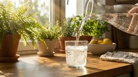 Morning sunlight streams through a window onto a wooden table where water is poured into a glass beside potted ferns and plants, creating a fresh, natural wellness and hydration scene.