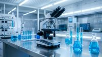 Modern laboratory with microscope and blue chemical solutions in glass beakers on white table. Scientific research equipment in sterile medical facility.