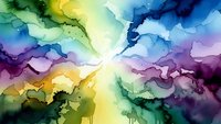 Vibrant watercolor burst with flowing organic shapes in rainbow spectrum creating dynamic abstract composition for creative projects.