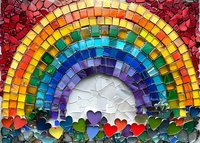 Vibrant mosaic rainbow arch with colorful heart shapes below, crafted in stained glass style against white background. Decorative piece for pride, love, and unity themes.