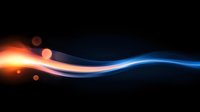 Abstract glowing wave with orange and blue light effect on black background, dynamic flowing energy line with bokeh elements creates modern design element.