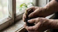 Weathered hands holding a young green seedling with soil and roots near a rustic window, symbolizing growth, care, and sustainable gardening.