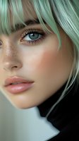Close-up portrait of young woman with mint green hair, blue eyes, natural freckles, and glossy pink lips against soft blurred background. Gentle beauty makeup look.