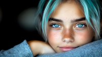 Young woman with bright blue eyes, turquoise hair and natural freckles gazes dreamily while wrapped in soft gray blanket, creating intimate portrait with dramatic lighting.