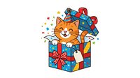 Cute orange cat with smiling expression sitting inside colorful gift box with red bow and ribbons, surrounded by sparkles and confetti. Isolated clipart for greeting cards, invitations, and festive designs.