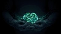 Glowing green brain floating above cupped hands with energy waves on dark background representing artificial intelligence and mental power concepts.