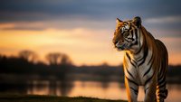 Majestic tiger standing by water during golden hour sunset with dramatic sky and silhouetted trees creating stunning wildlife portrait for nature photography.