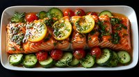 Grilled salmon fillet with lemon slices, cherry tomatoes and cucumber in white baking dish, garnished with fresh herbs and sauce.
