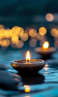 Traditional oil lamp with burning flame against blurred golden bokeh lights on turquoise water surface, creating peaceful spiritual atmosphere.