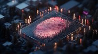 Glowing digital fingerprint on microchip surface with neon pink illumination, surrounded by electronic components in dark futuristic cybersecurity concept.