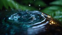 Water drop creating concentric ripples on dark water surface with golden light reflection and green foliage background, macro photography capturing liquid motion.
