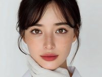 Young Asian woman with natural freckles and brown eyes during skincare consultation with medical gloves touching face for cosmetic treatment procedures.