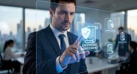 Professional businessman in dark suit touching digital licensing agreement interface with holographic icons in modern office environment.
