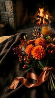 Autumn bouquet with orange dahlias, red berries, and a satin ribbon on a cozy blanket by a warm fireplace with a hot drink nearby.