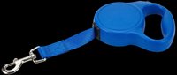 Blue retractable dog leash with ergonomic grip handle and metal clip, isolated on transparent background. Ready for pet product design, print-on-demand, sublimation, and e-commerce use.