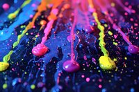 Vibrant neon paint drops and splashes on dark background create dynamic abstract pattern with pink, yellow, and blue streaks, macro photography art composition.