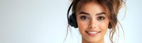Young Caucasian woman with headphones smiling at camera in modern workspace. Professional portrait for customer service, music streaming, or remote work concepts.
