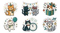 Cute cats celebrating holidays with festive decorations, balloons, gifts and party elements. Isolated cartoon characters on white background ready for greeting cards, t-shirt designs and seasonal merchandise.