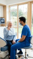 Senior Caucasian woman consulting with male dentist in blue scrubs at modern dental office. Patient smiling during oral health examination appointment.