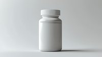 White plastic medicine bottle with cap on light gray background, isolated pharmaceutical container mockup for supplement and vitamin packaging design.