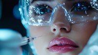 Young Asian woman scientist wearing protective glasses with syringe in blue neon lighting creates dramatic scientific research atmosphere.