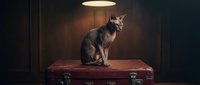 Tabby cat sitting on vintage red suitcase under warm pendant light in dark room, studio setting for pet, travel, and lifestyle concepts.