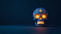 Glowing blue sugar skull with orange illuminated eyes and decorative floral patterns on dark background, traditional Day of the Dead celebration symbol.