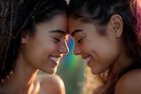 Young multiethnic women sharing intimate tender moment with foreheads touching, expressing genuine joy and connection against soft blurred background in warm sunlight.