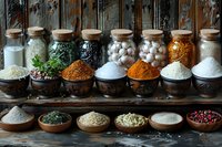 Aromatic spices and seasonings in glass jars and clay bowls on rustic wooden shelf, variety of colorful cooking ingredients including turmeric, salt, herbs and peppercorns.