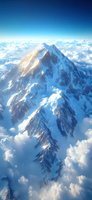 Majestic snow-covered mountain peak rising above clouds with sunlight illuminating its summit, surrounded by dramatic alpine landscape and ethereal atmosphere.