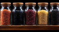 Glass jars filled with colorful dried legumes and grains on wooden shelf against dark background, including red lentils, black beans, cranberry beans, quinoa and caviar lentils.