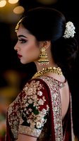 Side profile of South Asian bride wearing traditional burgundy lehenga with gold embroidery, pearl hair accessory, and ornate jhumka earrings against dark background with bokeh lights.