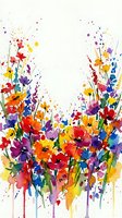 Vibrant watercolor wildflower meadow with colorful paint splatters on white background, abstract floral art for spring decoration and creative projects.