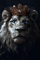 Majestic lion wearing golden crown with blue gemstone against dark background, featuring striking blue eyes and detailed mane in dramatic lighting effect.
