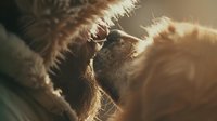 Tender moment between two cats touching noses in warm sunlight, creating intimate feline connection with soft focus and golden hour lighting effect.