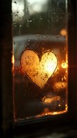 Heart shape drawn on foggy window glass with warm golden light and raindrops creating romantic atmosphere for love and relationship concepts.