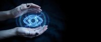 Hands holding glowing digital eye symbol representing vision, technology, surveillance, artificial intelligence, and data protection concepts for business and innovation.