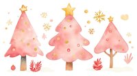 Festive pink watercolor Christmas trees with gold stars and decorations on white background, surrounded by snowflakes and holiday elements.