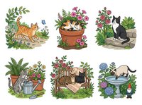Ginger tabby cat exploring garden with plants and butterfly, potted flowers with pink blooms and foliage, black and white cat resting near succulents, watering can with ferns and greenery, cat in wooden garden box surrounded by flowers, cat drinking from bird bath with hydrangeas. Isolated clipart set for garden design projects.