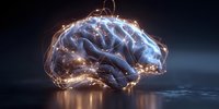 Glowing brain with illuminated neural connections on dark background, concept of intelligence, consciousness and cognitive science.