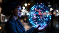 Young African American businesswoman interacting with glowing blue and red holographic circular interface projection against dark urban background with bokeh lights.