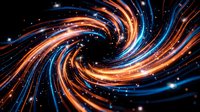 Abstract spiral energy waves with glowing orange and blue light trails creating dynamic swirling motion against dark space background with sparkling stars.