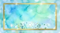 Watercolor abstract background with soft blue and green washes, gold frame border, and delicate botanical elements at bottom. Suitable for greeting cards, invitations, and design projects.