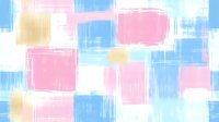 Soft pastel geometric pattern with pink, blue and gold squares on white background, brush stroke texture creates modern abstract design for fabric and wallpaper.